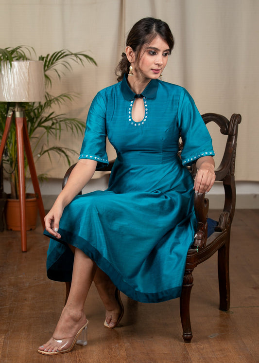Blue cotton silk dress with stone embellishments