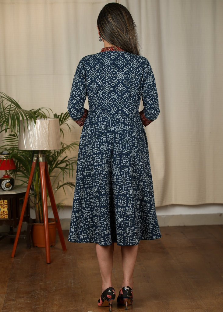 Exclusive Indigo printed cotton dress with Ajrakh details