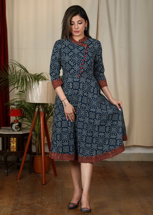 Exclusive Indigo printed cotton dress with Ajrakh details