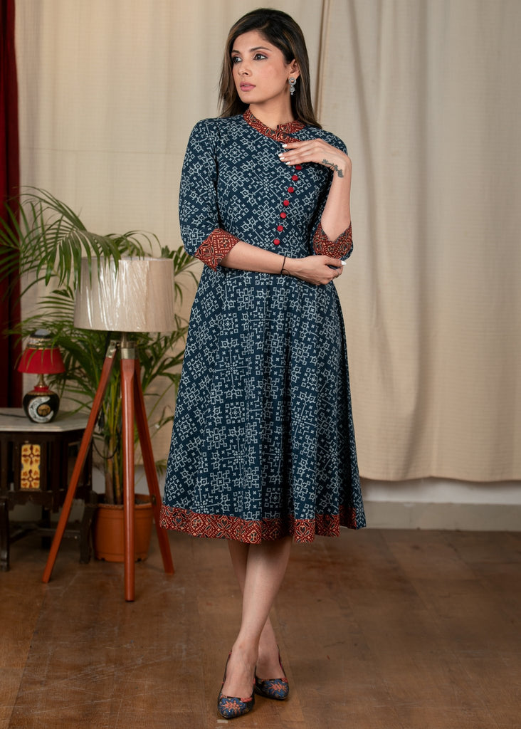 Exclusive Indigo printed cotton dress with Ajrakh details