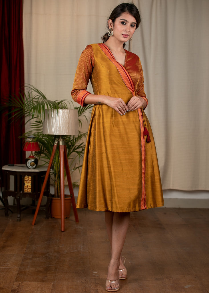 Dark mustard & khun combination exclusive cotton silk dress