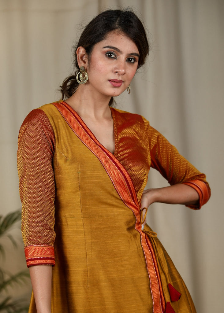 Dark mustard & khun combination exclusive cotton silk dress