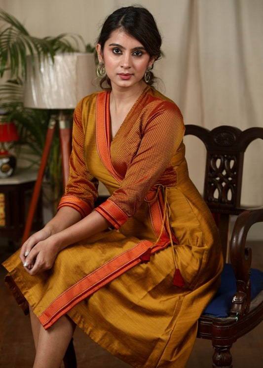 Dark mustard & khun combination exclusive cotton silk dress