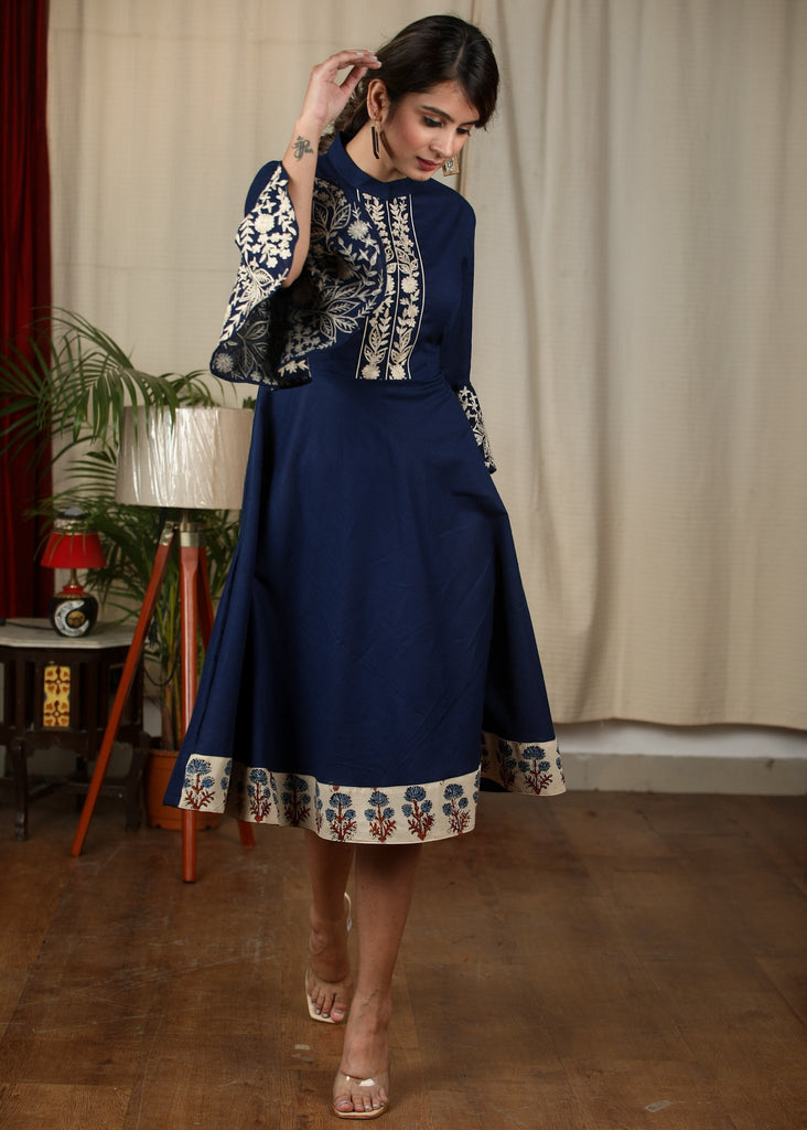 Exclusive navy blue dress with parsi embroidery
