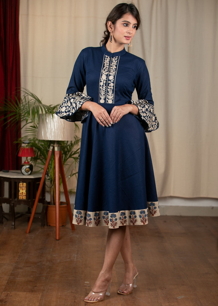 Exclusive navy blue dress with parsi embroidery