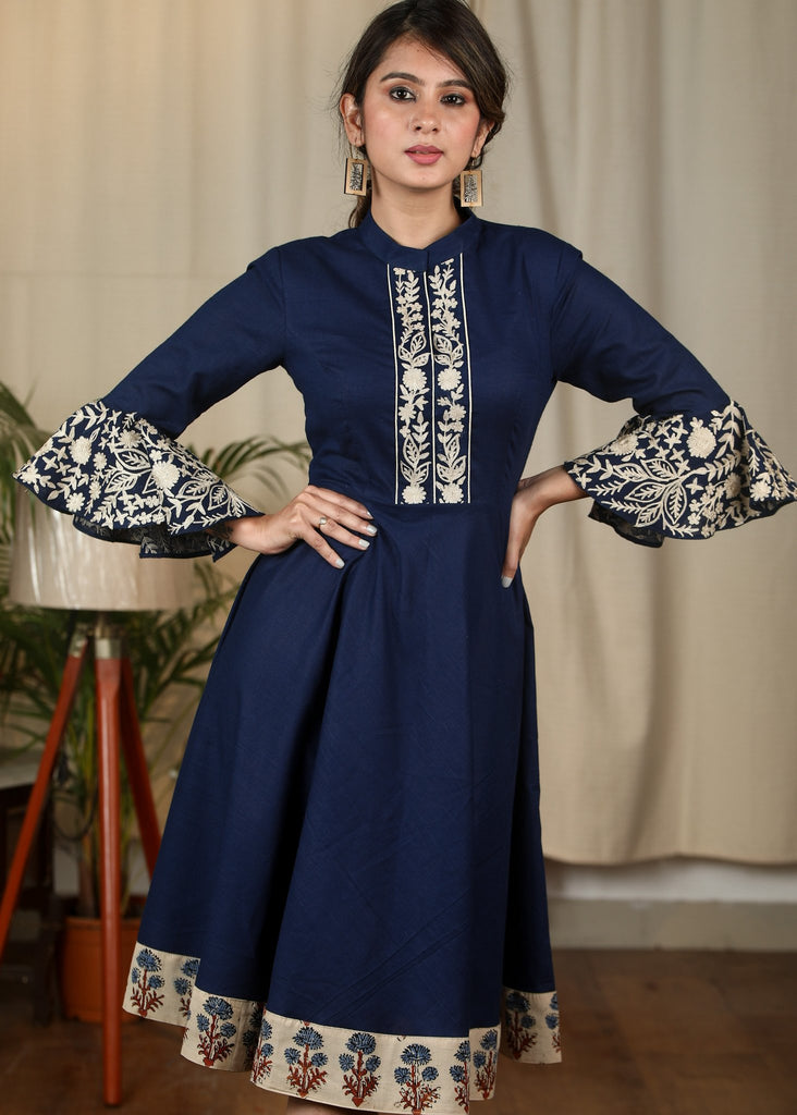 Exclusive navy blue dress with parsi embroidery