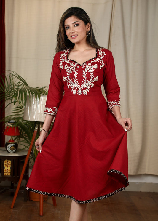 Maroon cotton dress with exclusive embroidered yoke & Ajrakh detailing