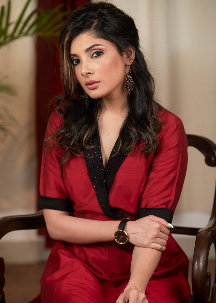 Exclusive maroon cotton silk dress with embellished collar