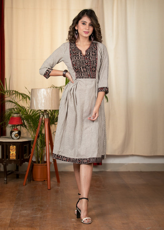Beige striped dabu printed cotton dress with Ajrakh yoke
