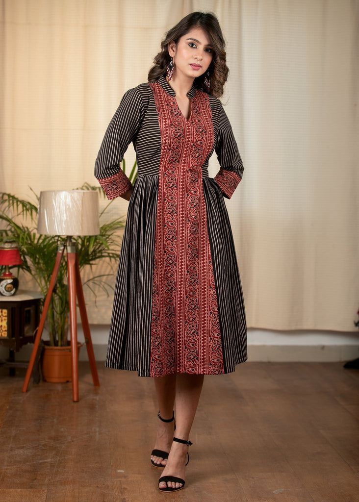 Striped Ajrakh one piece cotton dress with maroon Ajrakh combination
