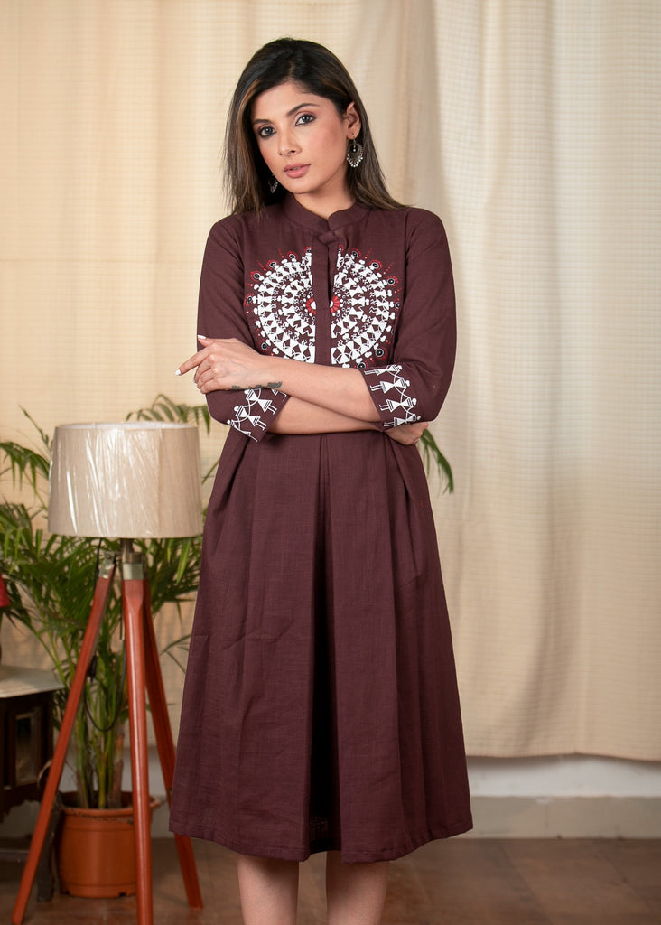 Exclusive brown cotton dress with hand painted Warli art