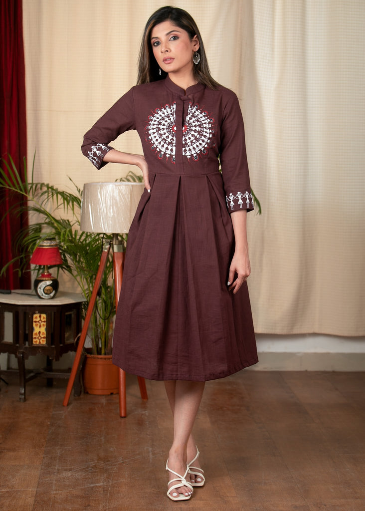 Exclusive brown cotton dress with hand painted Warli art