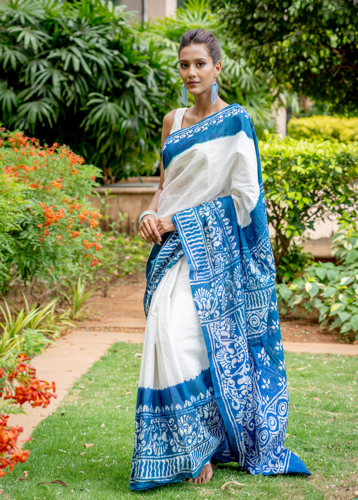 Exclusive cotton Batik blue & white saree