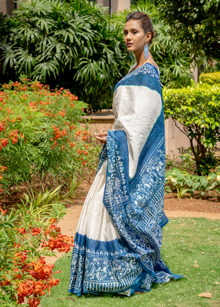 Exclusive cotton Batik blue & white saree