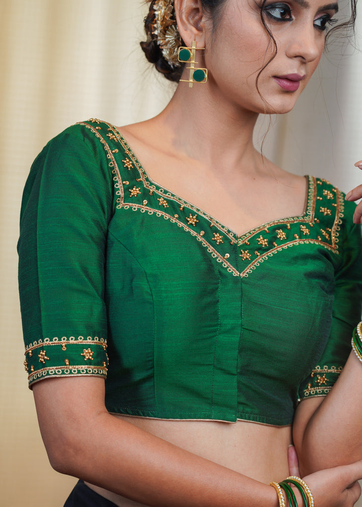 Dark Green Cotton Silk Blouse Hand Embroidered Zardosi Work