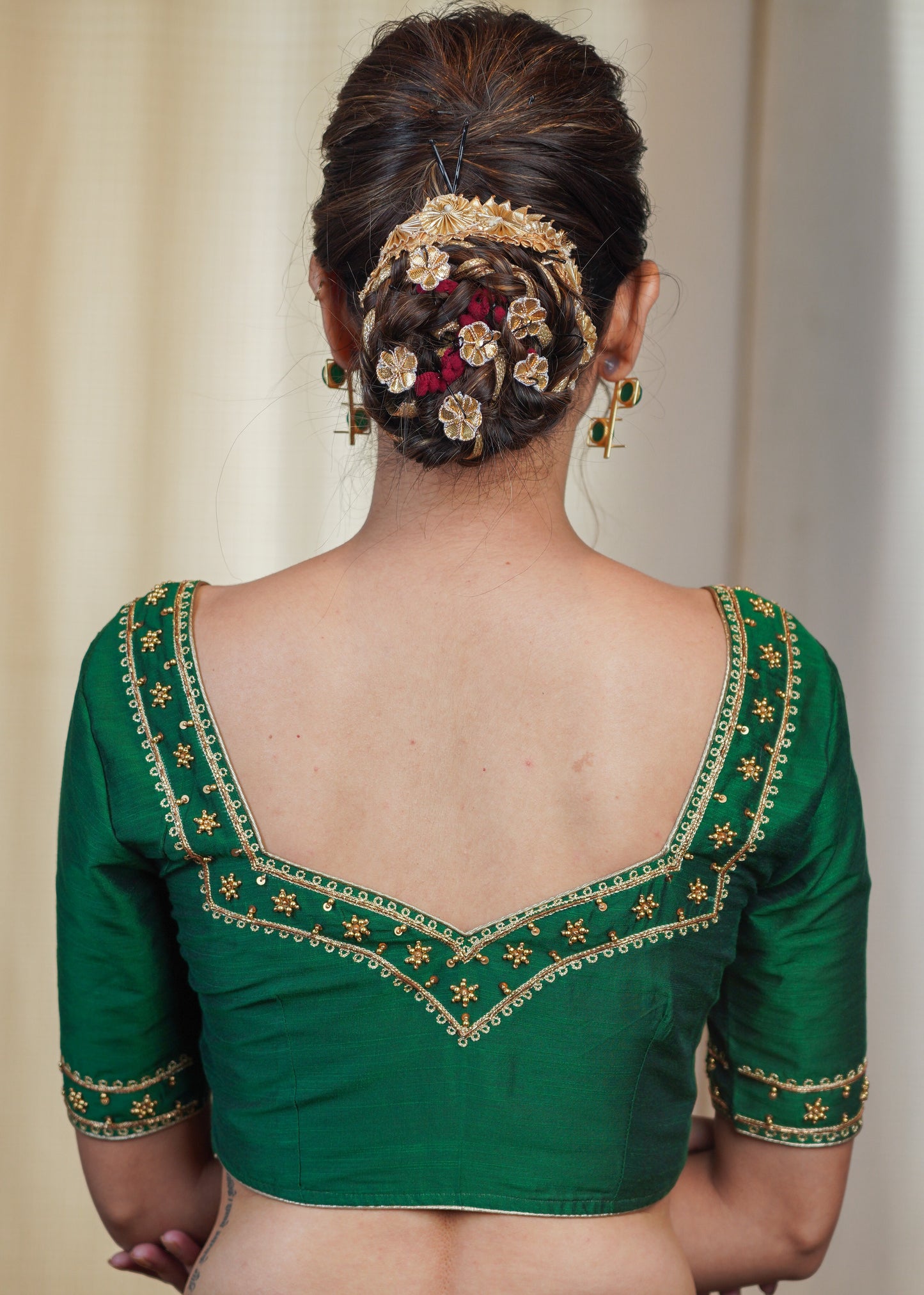 Dark Green Cotton Silk Blouse Hand Embroidered Zardosi Work