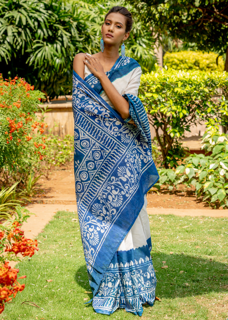 Exclusive cotton Batik blue & white saree