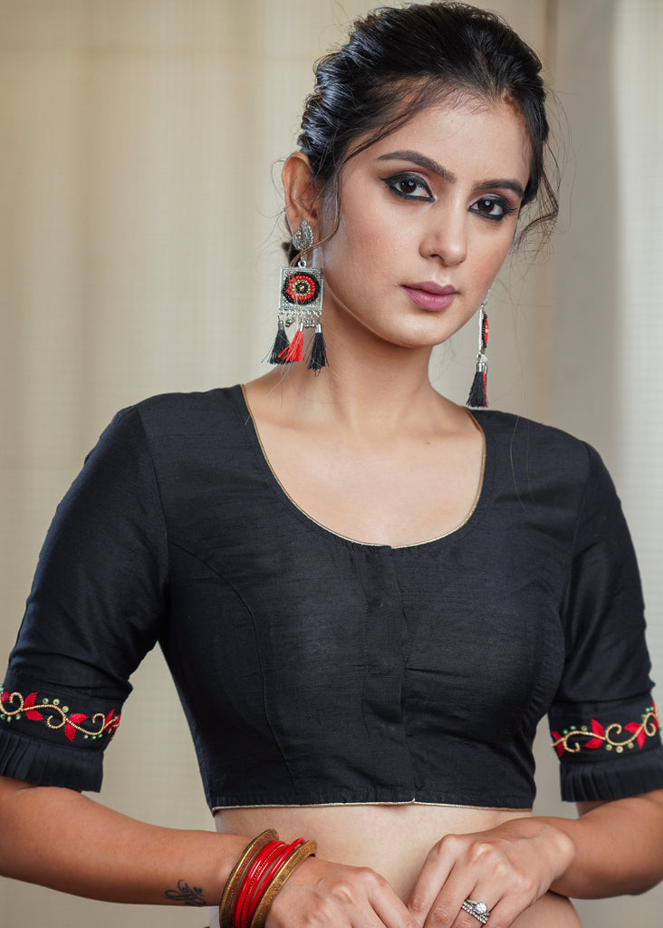Black Cotton Silk Blouse with Exclusive Hand Bead Embroidery Work on Back and Sleeves