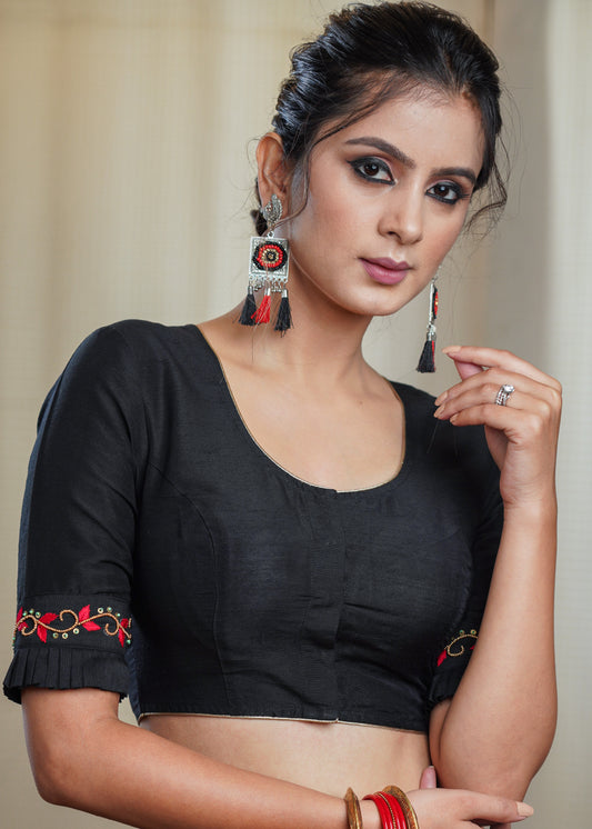 Black Cotton Silk Blouse with Exclusive Hand Bead Embroidery Work on Back and Sleeves