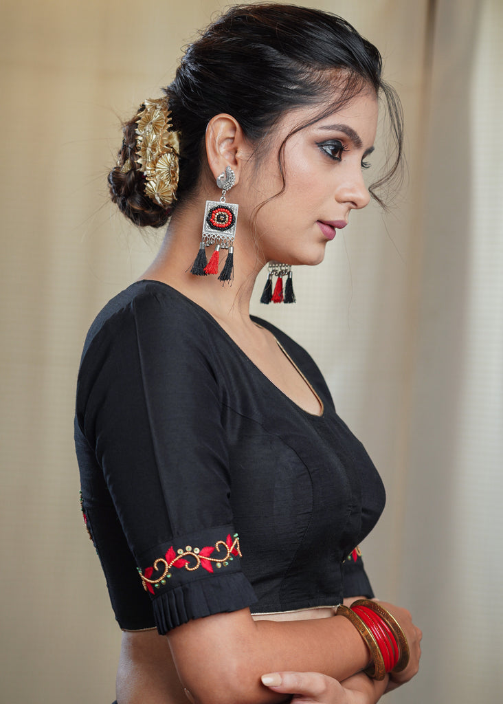 Black Cotton Silk Blouse with Exclusive Hand Bead Embroidery Work on Back and Sleeves