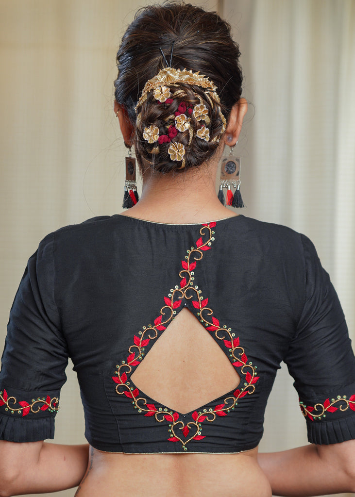 Black Cotton Silk Blouse with Exclusive Hand Bead Embroidery Work on Back and Sleeves