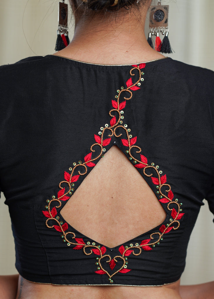 Black Cotton Silk Blouse with Exclusive Hand Bead Embroidery Work on Back and Sleeves