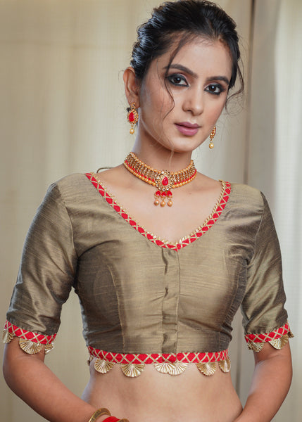 Golden Cotton Silk Blouse with Contrast Gota Patti Work.