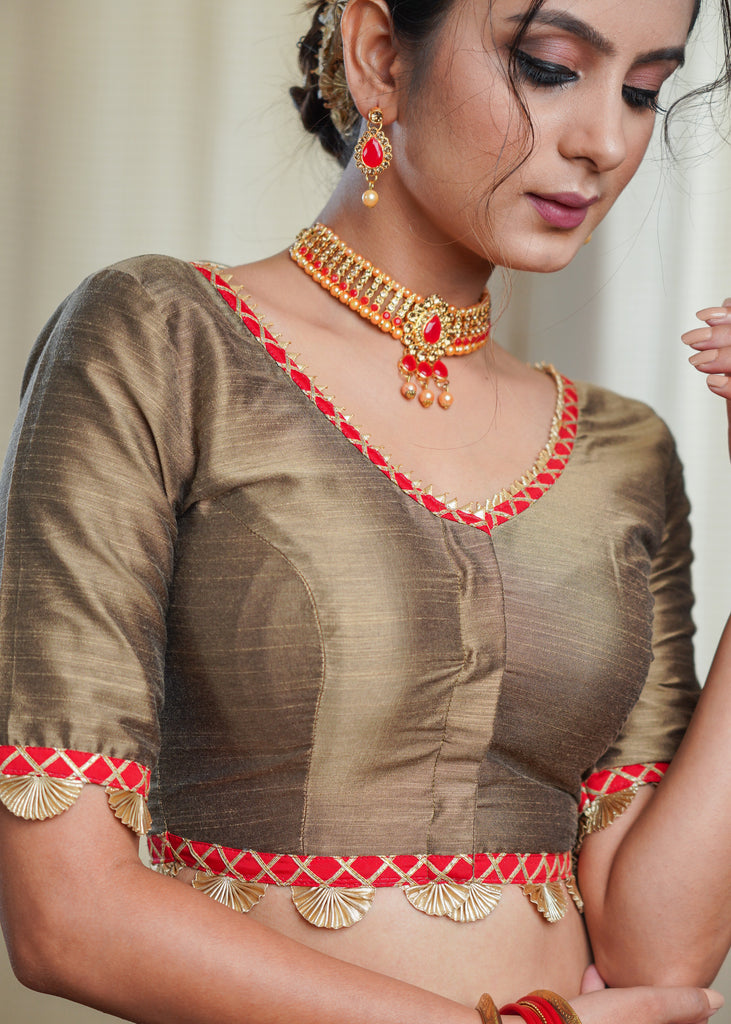 Golden Cotton Silk Blouse with Contrast Gota Patti Work.