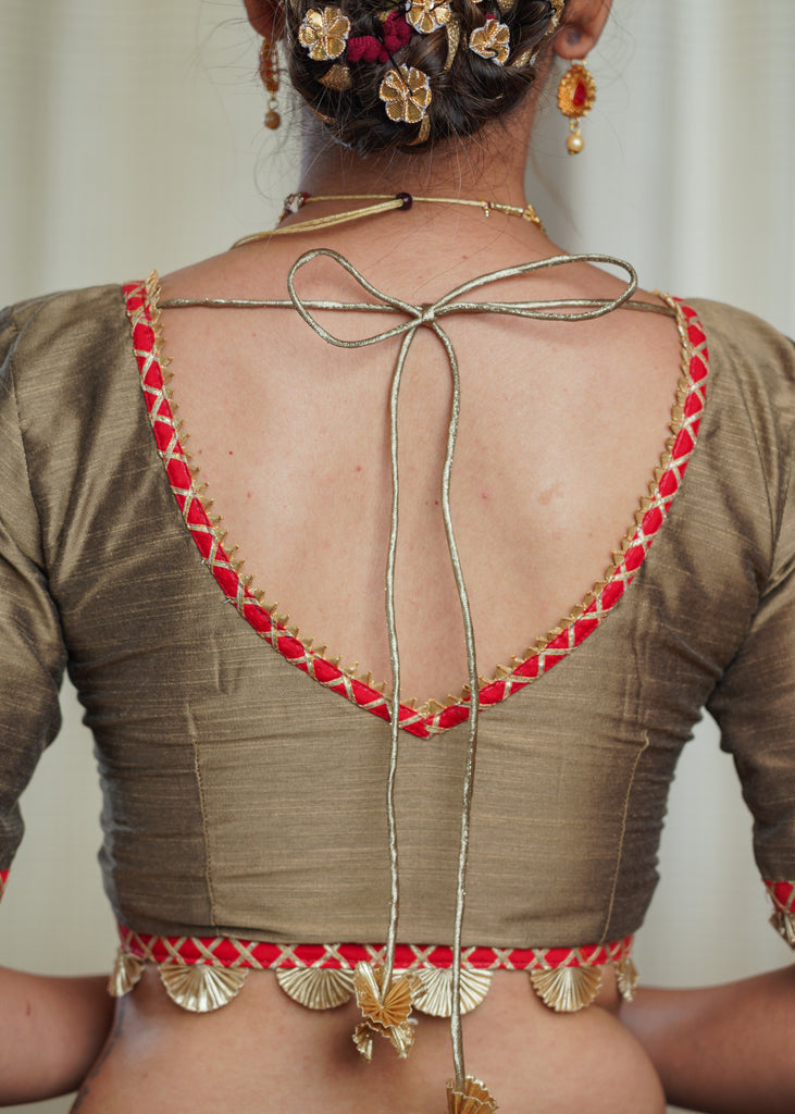 Golden Cotton Silk Blouse with Contrast Gota Patti Work.