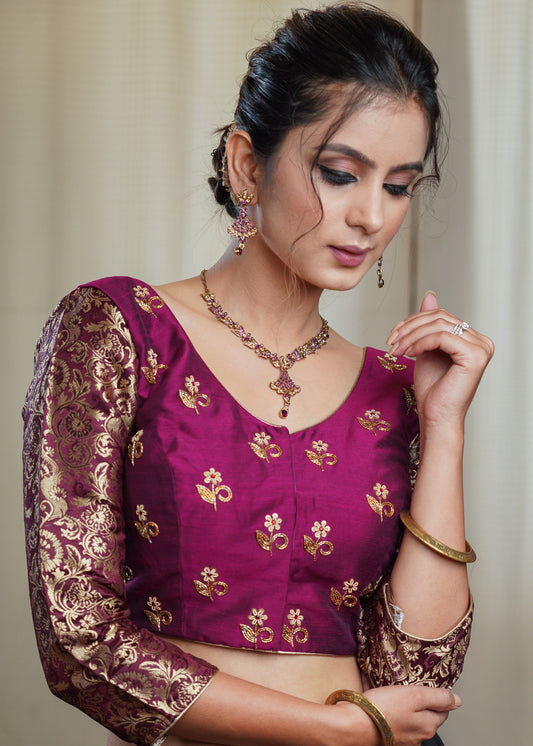 Magenta Cotton Silk Blouse with Hand Embroidery Work and Banarsi Sleeves