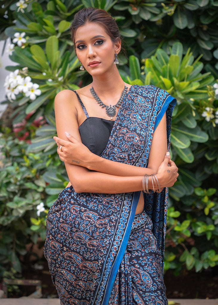 Pure modal silk block printed blue designer Ajrakh saree