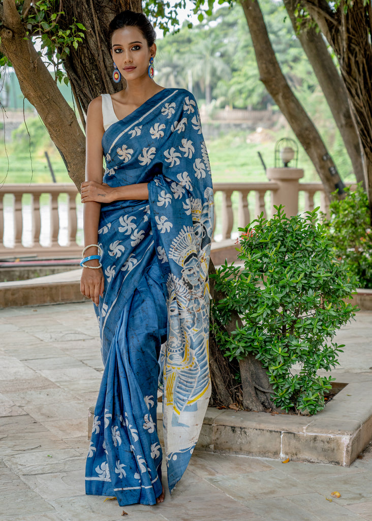 Blue pure silk hand Batik saree