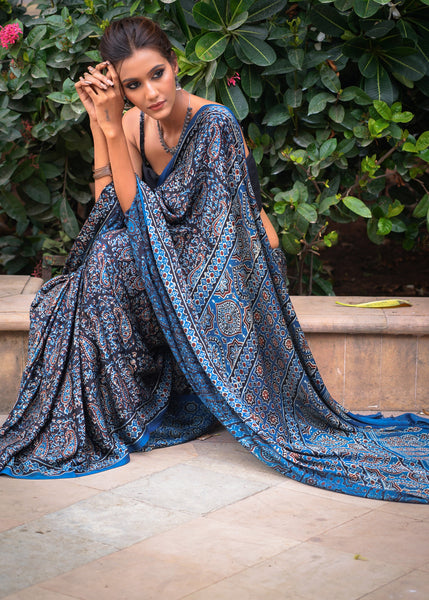 Pure modal silk block printed blue designer Ajrakh saree