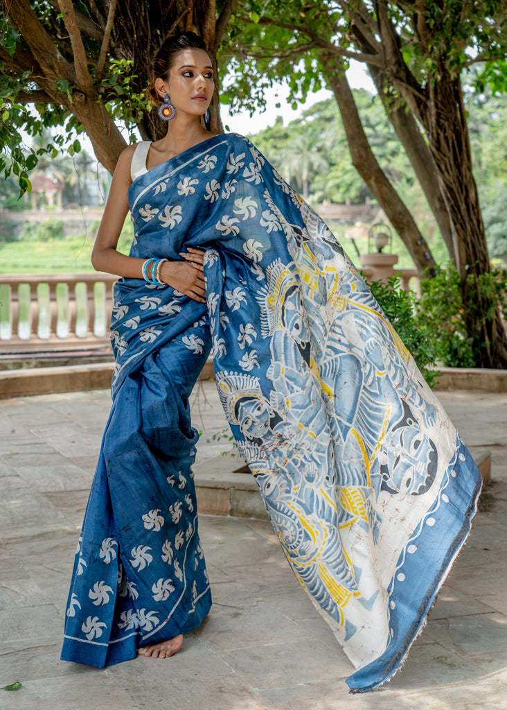 Blue pure silk hand Batik saree