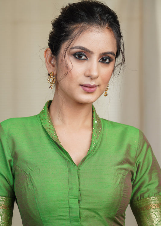 Mehendi Green Cotton Silk Blouse With Bead and Sequence Collar and Banarsi Border