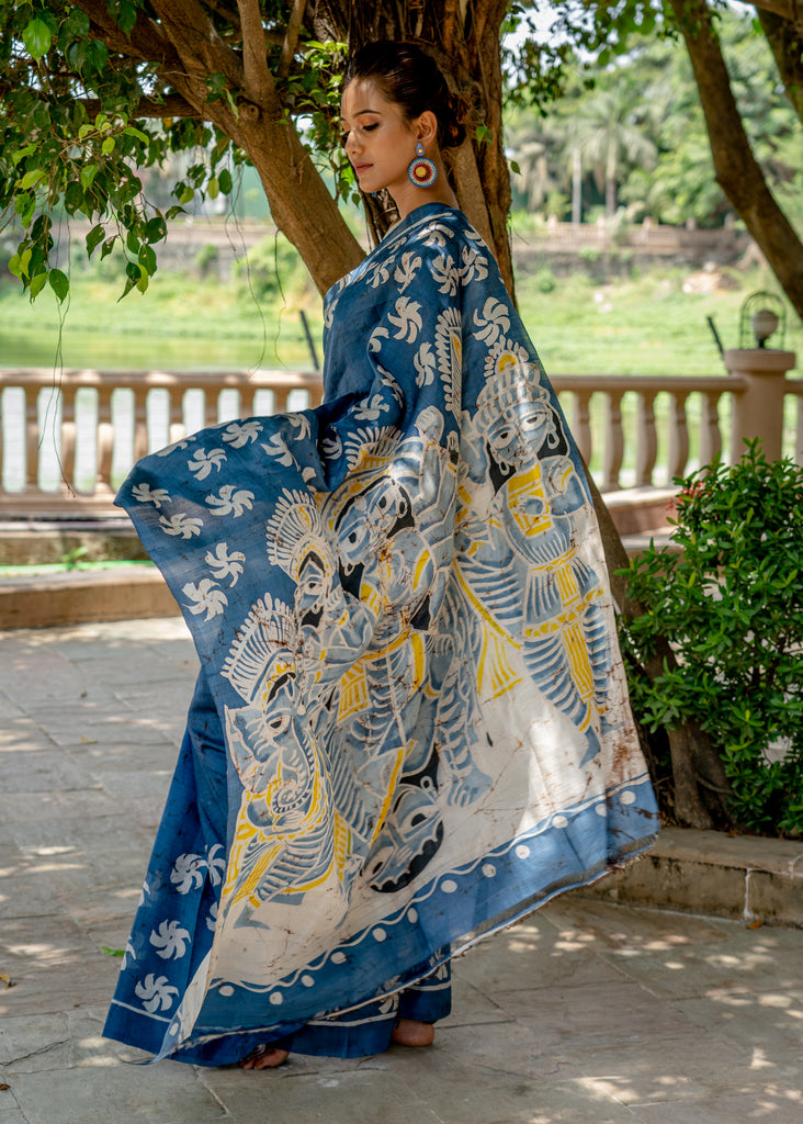 Blue pure silk hand Batik saree