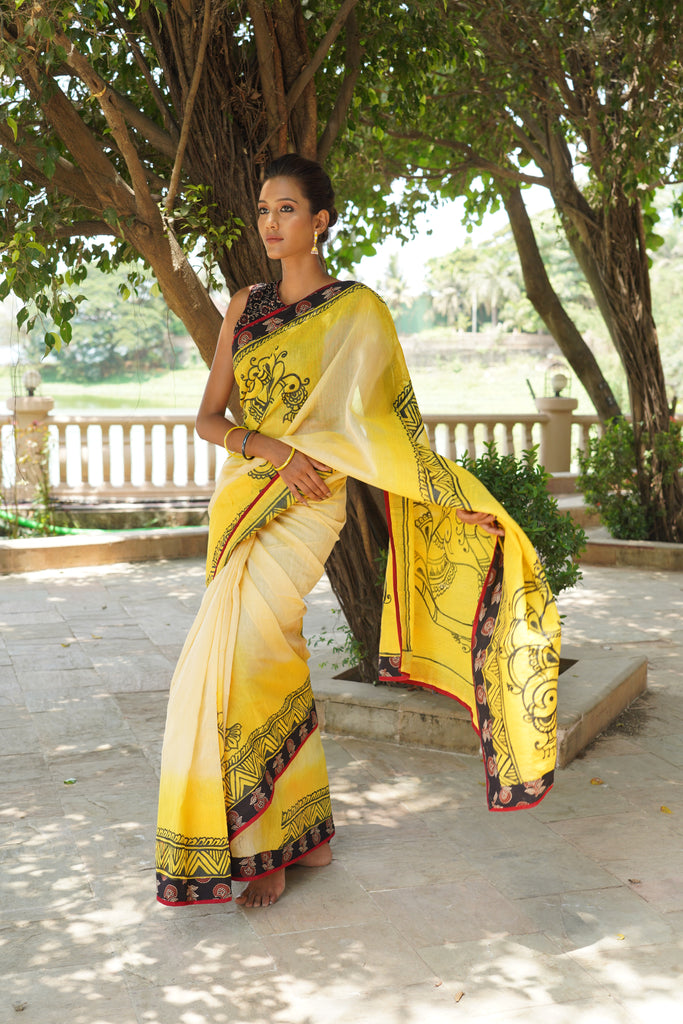 Beautiful handpainted yellow chanderi saree with Ajrakh border