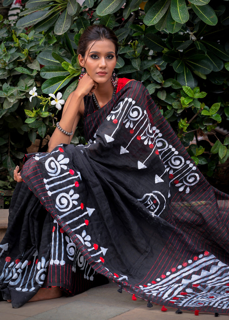 Exclusive handpainted black cotton saree