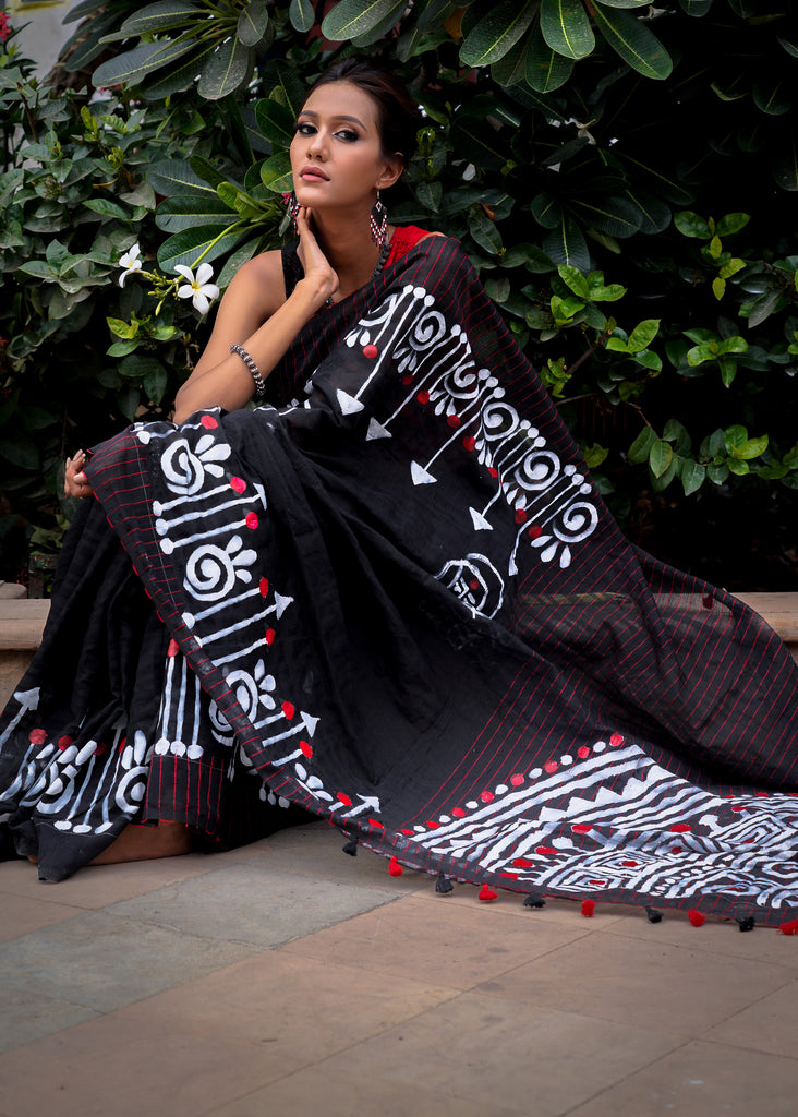 Exclusive handpainted black cotton saree