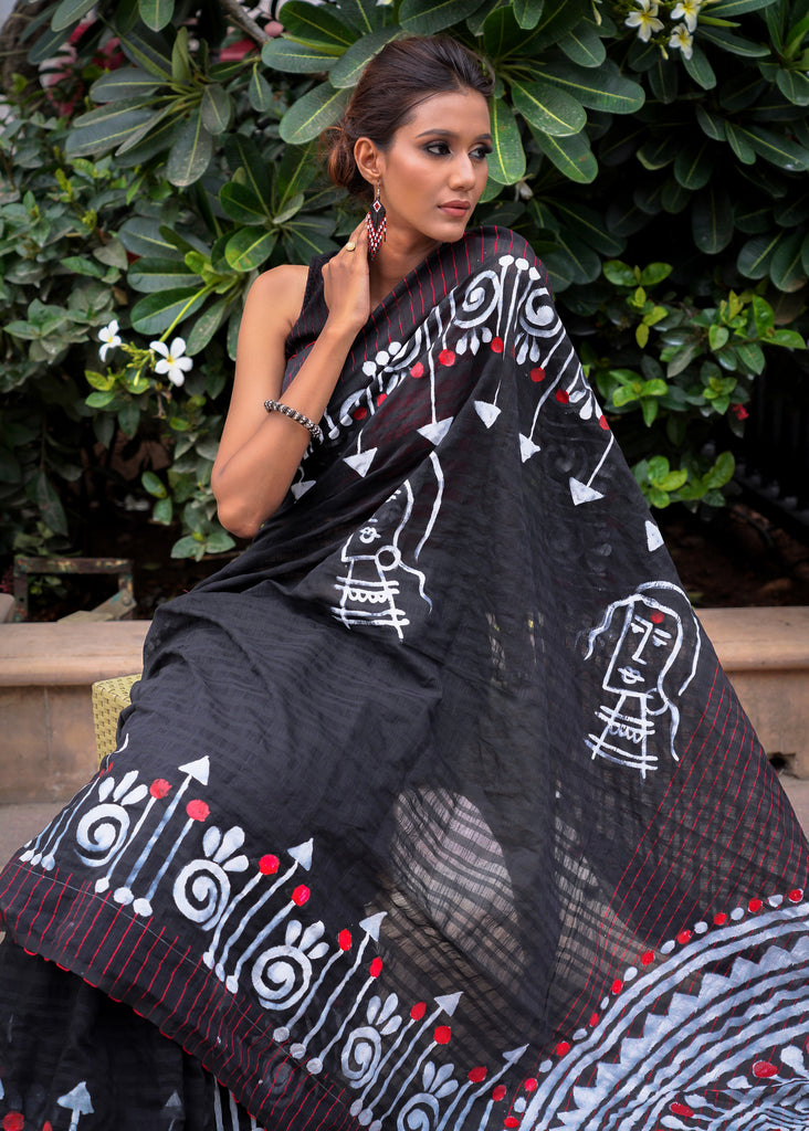 Exclusive handpainted black cotton saree