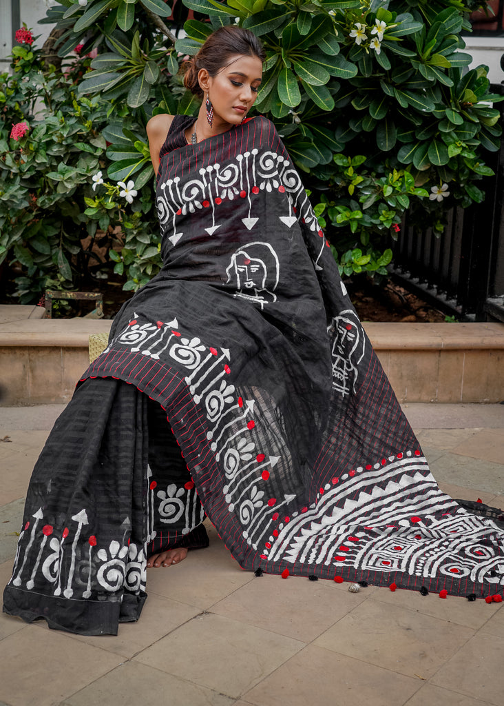 Exclusive handpainted black cotton saree