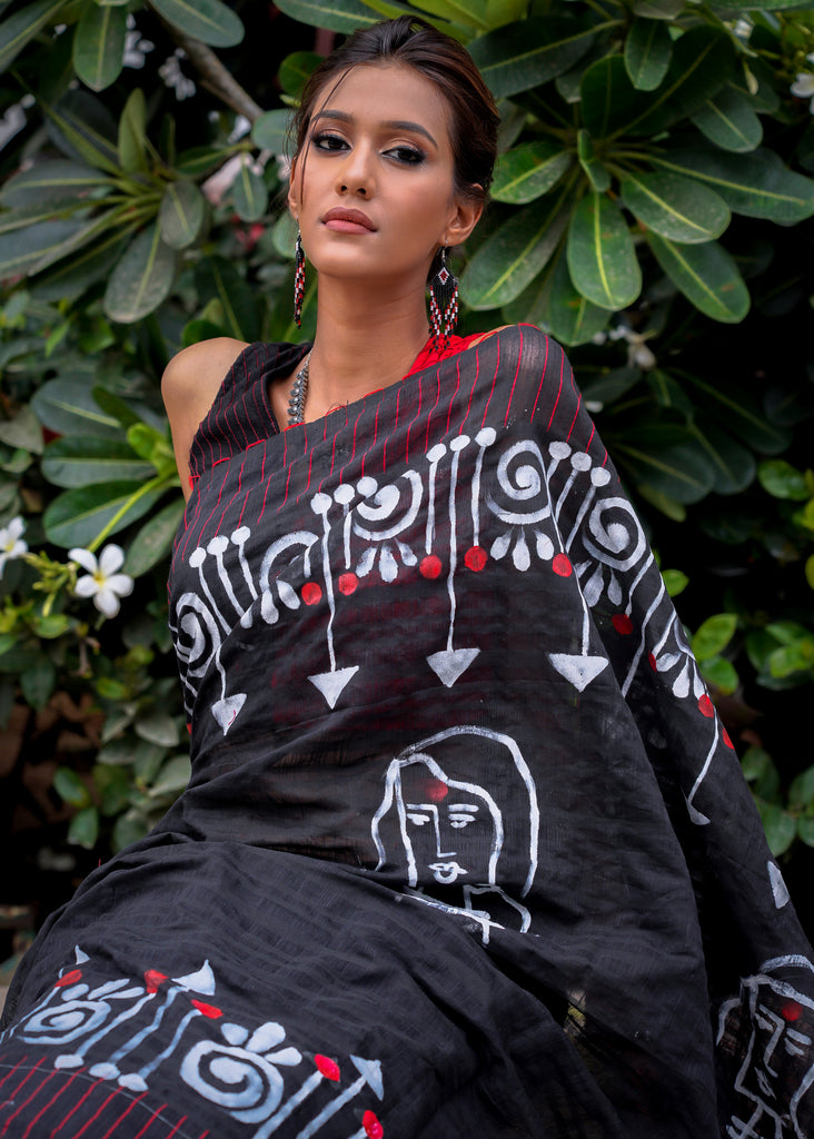 Exclusive handpainted black cotton saree