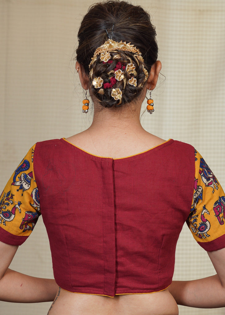 Maroon Cotton Blouse With Kalamkari Sleeves and Gond Painted Motif in Front