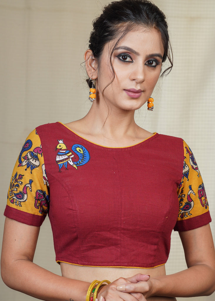 Maroon Cotton Blouse With Kalamkari Sleeves and Gond Painted Motif in Front