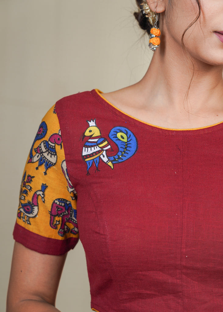 Maroon Cotton Blouse With Kalamkari Sleeves and Gond Painted Motif in Front