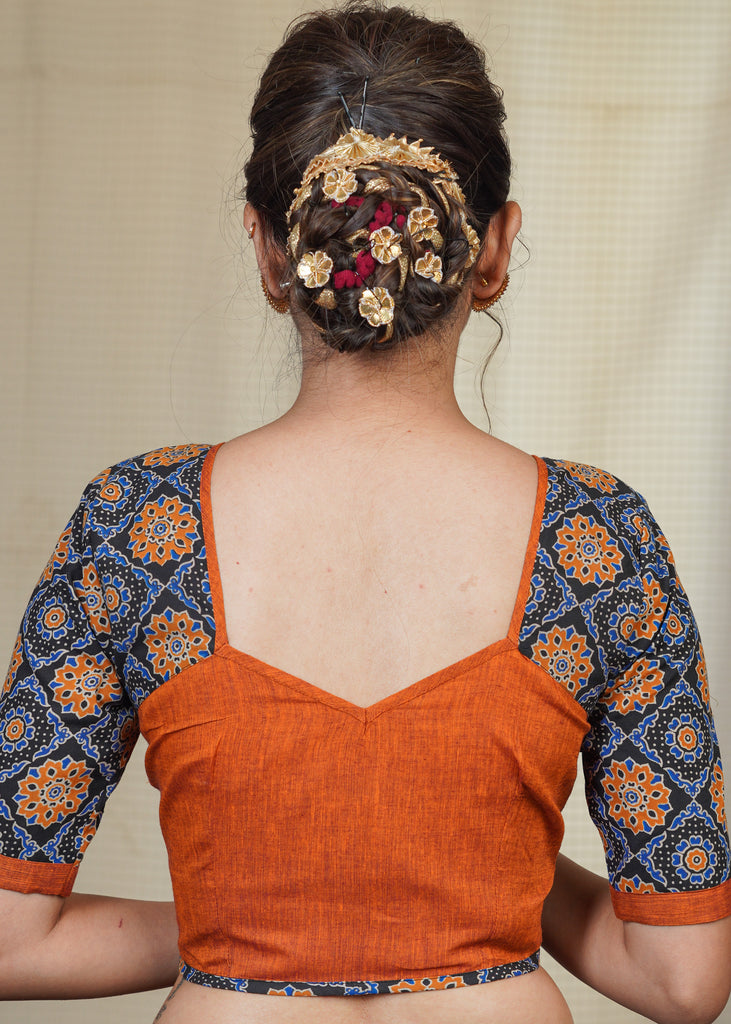 Rust Cotton Handloom Blouse with Ajrakh Sleeves.