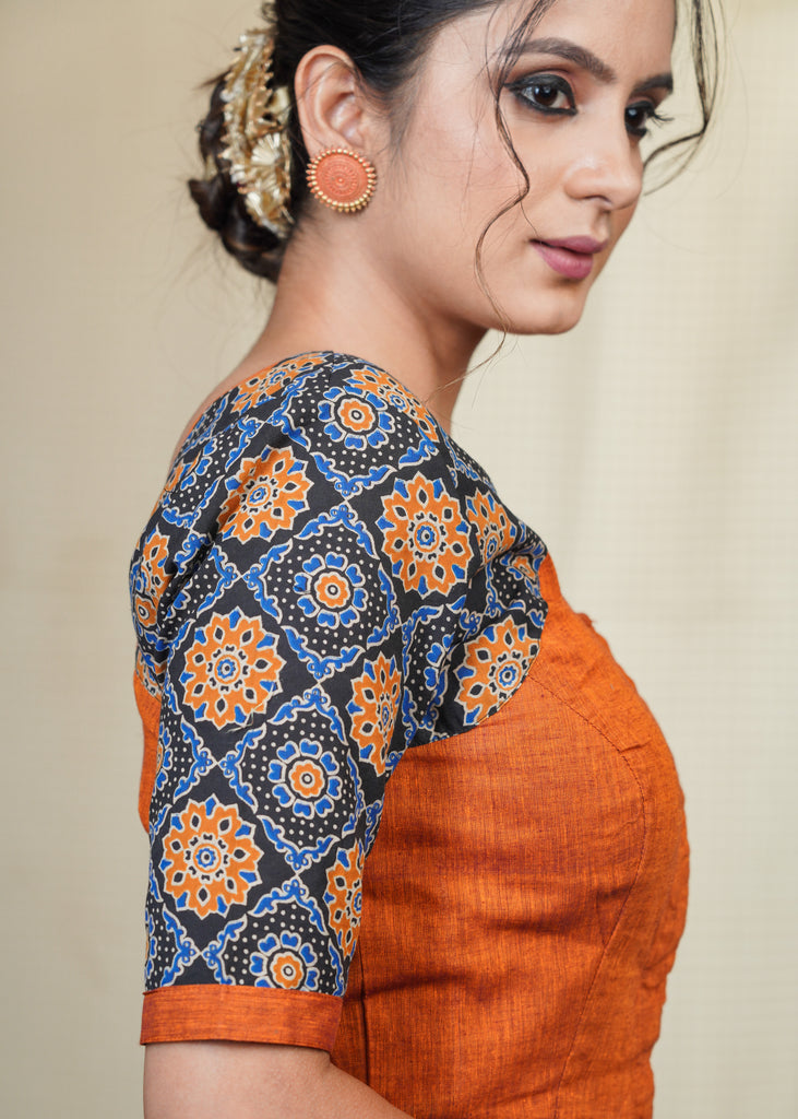 Rust Cotton Handloom Blouse with Ajrakh Sleeves.