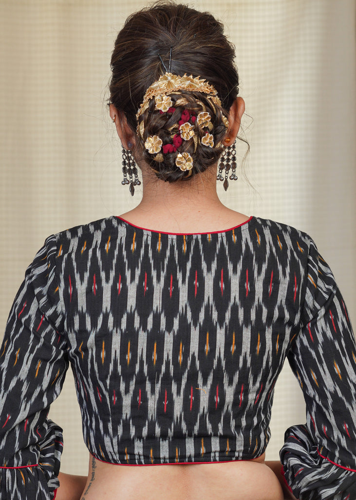 Black Cotton Ikat Blouse with Gathered Cuff