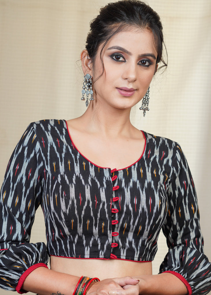 Black Cotton Ikat Blouse with Gathered Cuff
