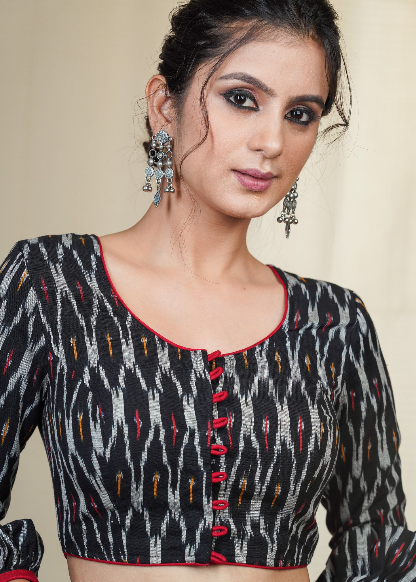 Black Cotton Ikat Blouse with Gathered Cuff